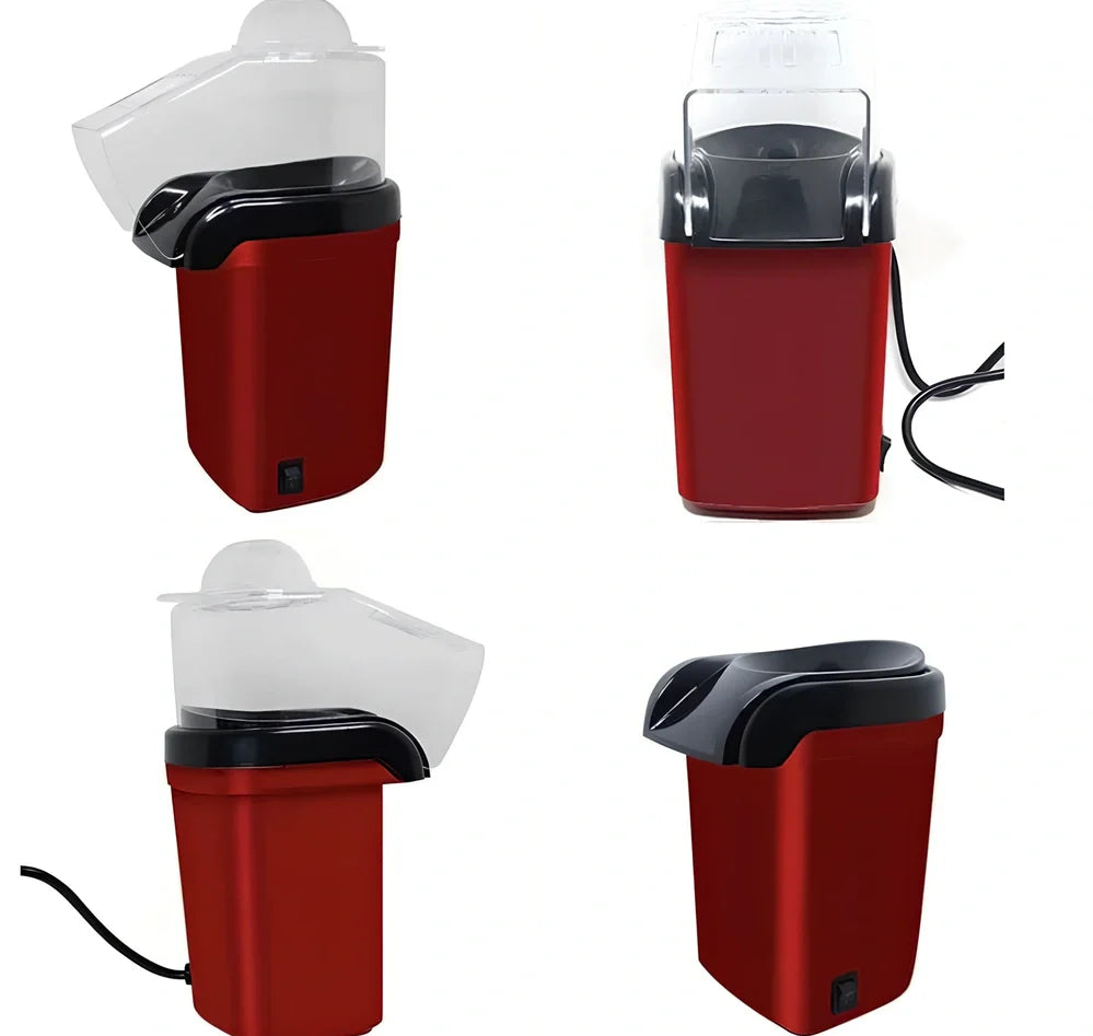 Red countertop popcorn machine with aluminium cooking surface and 1200W heating element