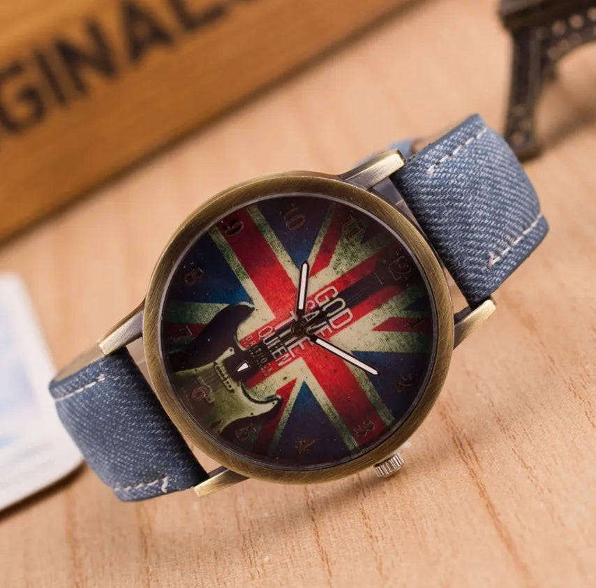 UK flag wrist watch with Union Jack dial, antique bronze finish, metal case and leather strap