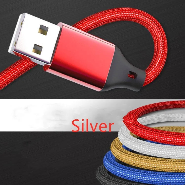 Three-in-one charging cable with nylon braid in red, blue, gold, black, silver, and rose gold colour options.