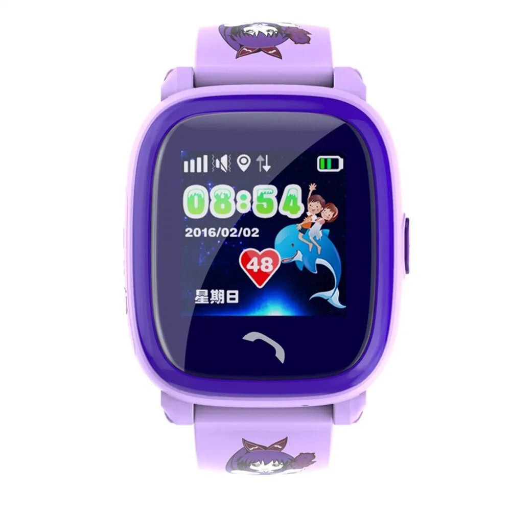 DF25 blue children's waterproof smart watch with touch screen displayed on a silicone wristband.