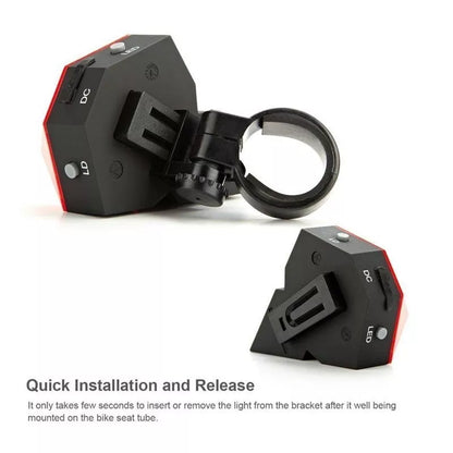 USB rechargeable bicycle tail light with laser safety feature in red and blue