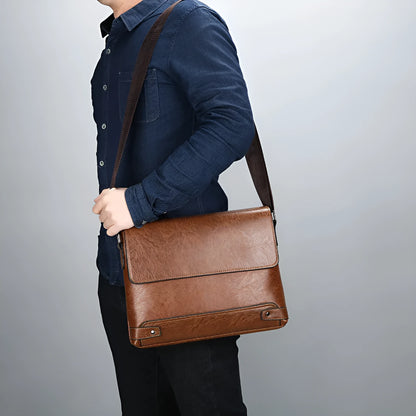 Men's PU crossbody shoulder bag in black, dark brown or khaki for business travel and commuting