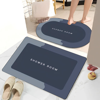 Rectangular bathroom floor mat with check pattern in blue colour, measuring 40x60cm with non-slip backing