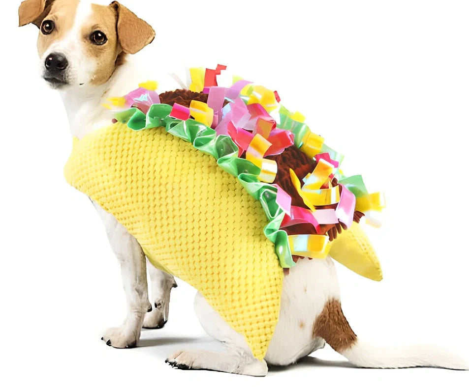 Pet wearing cartoon cowboy costume with knight-style design and matching hat, showing multiple colour options