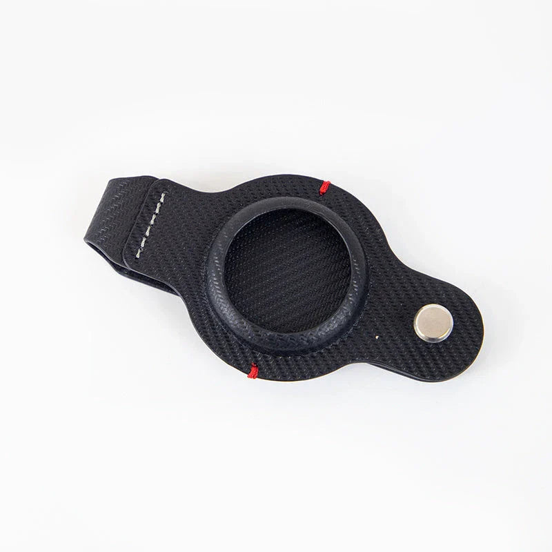 Stylish and secure AirTag holder keychain in black and grey PU leather, with a sturdy key ring for attaching to valuables