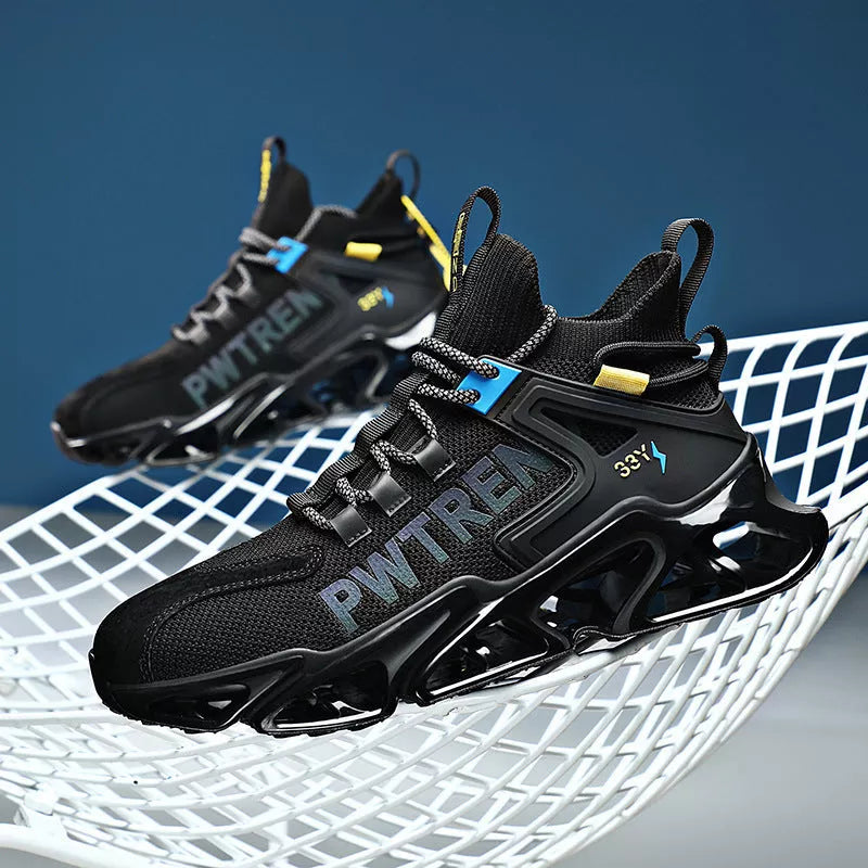 Shock-absorbing flying woven sports shoes in black, yellow, orange, and blue