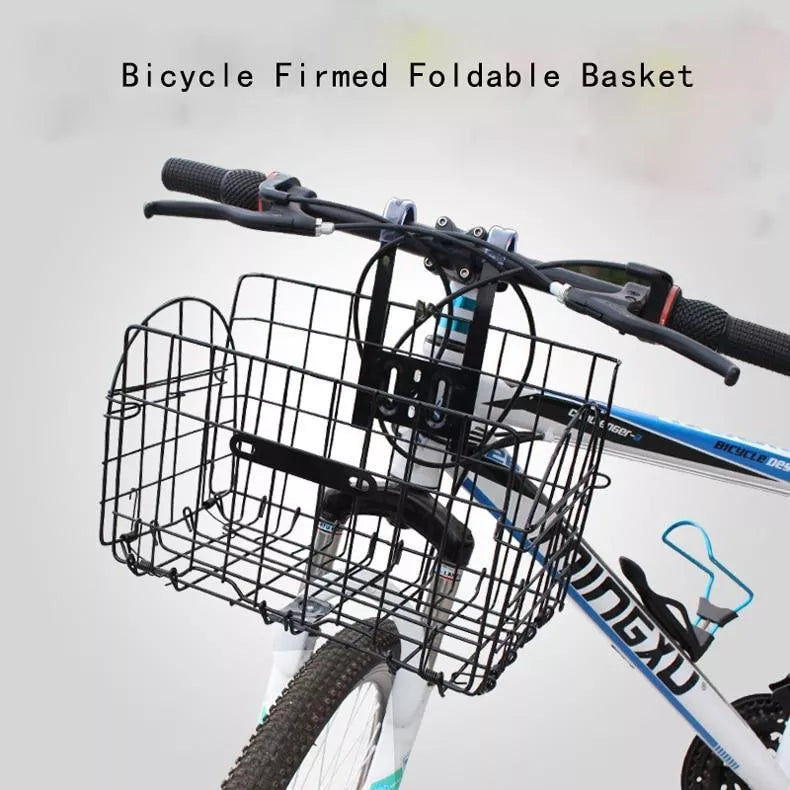 Foldable bicycle basket in black or silver, durable steel construction