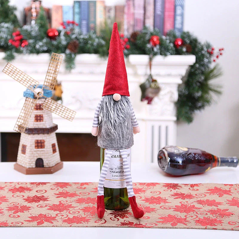 Festive Christmas wine bottle socks in vibrant colors, perfect for holiday decor