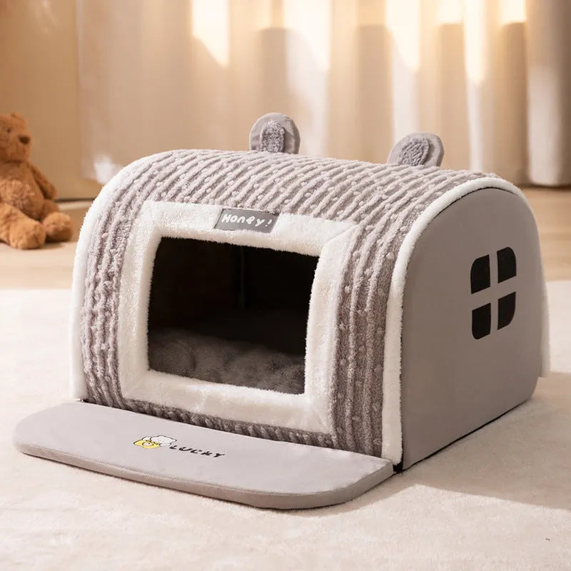 Brown bear arc dog bed with raised sides, velvet fabric, for small dog sleeping.