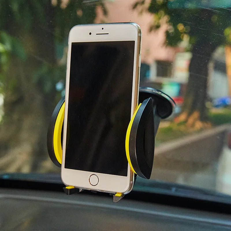 Red U-shaped mobile phone bracket with suction cup and clamp for car or table mounting