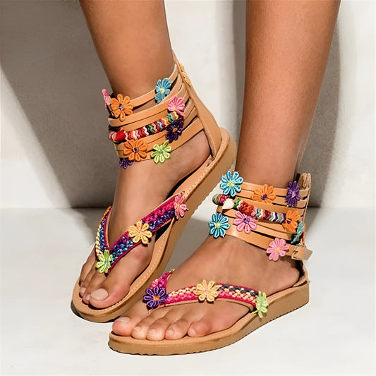 Ethnic style beaded petal sandals with artificial PU upper and floral decoration, Roman shoe design in sizes 35-43