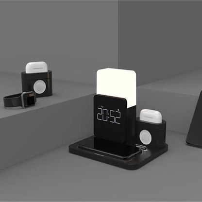 Dark green 3-in-1 wireless charger stand charging phone vertically, smartwatch, and earbuds simultaneously