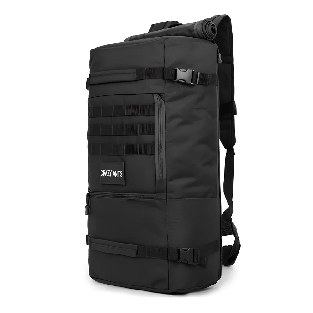 Camouflage tactical backpack with multiple compartments and MOLLE webbing on front and sides