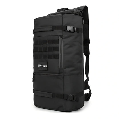 Camouflage tactical backpack with multiple compartments and MOLLE webbing on front and sides