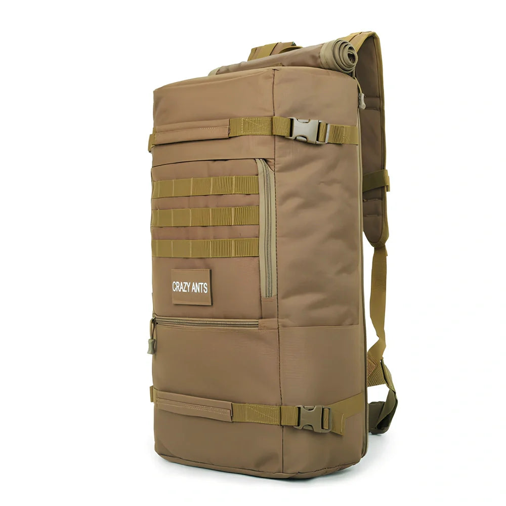 Camouflage tactical backpack with multiple compartments and MOLLE webbing on front and sides