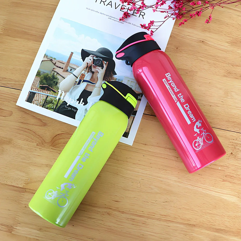 500ml stainless steel sport thermos water bottle in pink, black, green, and silver colours showing straight-cut design
