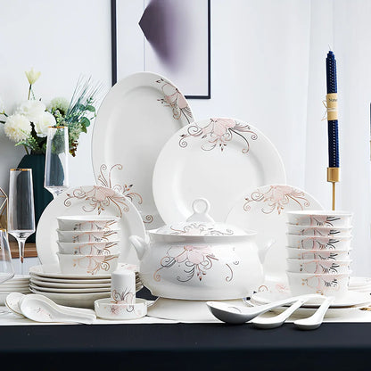 Bone china bowl and saucer set with overglaze rim patterns in Swan Lake design, 28-head configuration