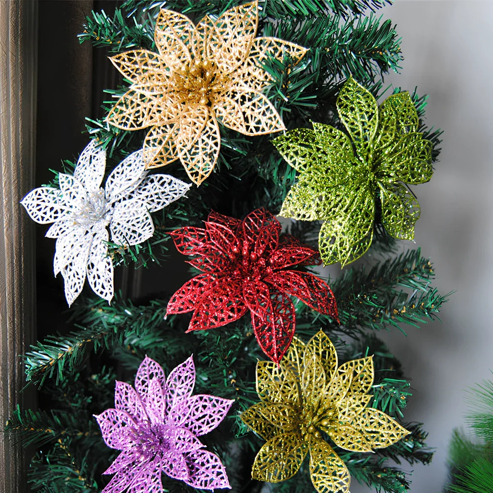 Set of 10 golden 15cm glitter flowers for Christmas trees in gold, silver, red colours