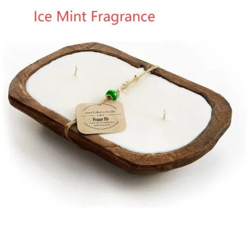 Retro wooden basin containing a lavender-scented soy wax candle with three visible wicks.