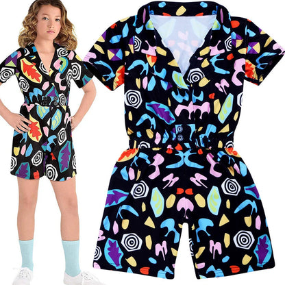 Girls' black cotton jumpsuit with cartoon pattern and short sleeves, shown on hanger
