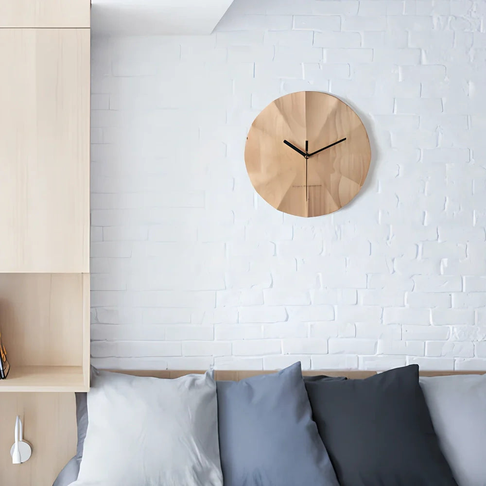 Wooden wall clock with 30cm diameter dial and natural wood grain