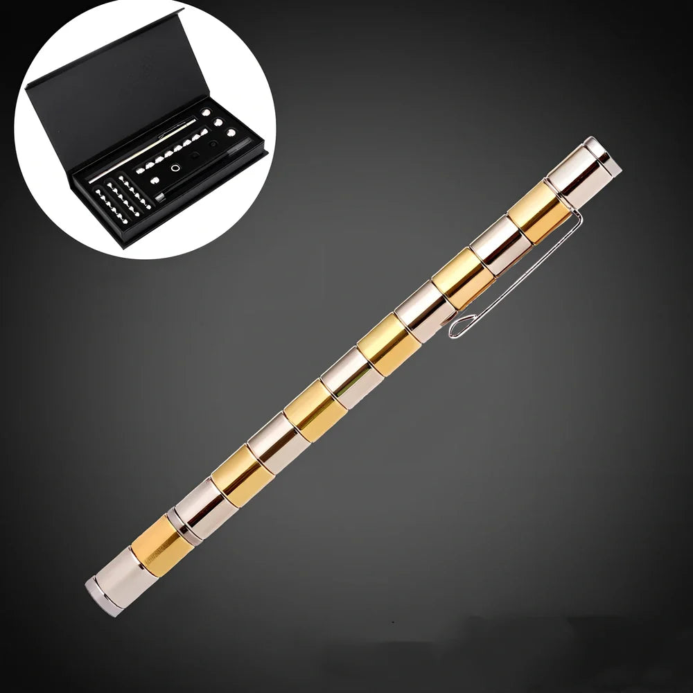 Magnetic transformation pen showing compass, spinning top, and phone stand configurations with 13 neodymium magnets