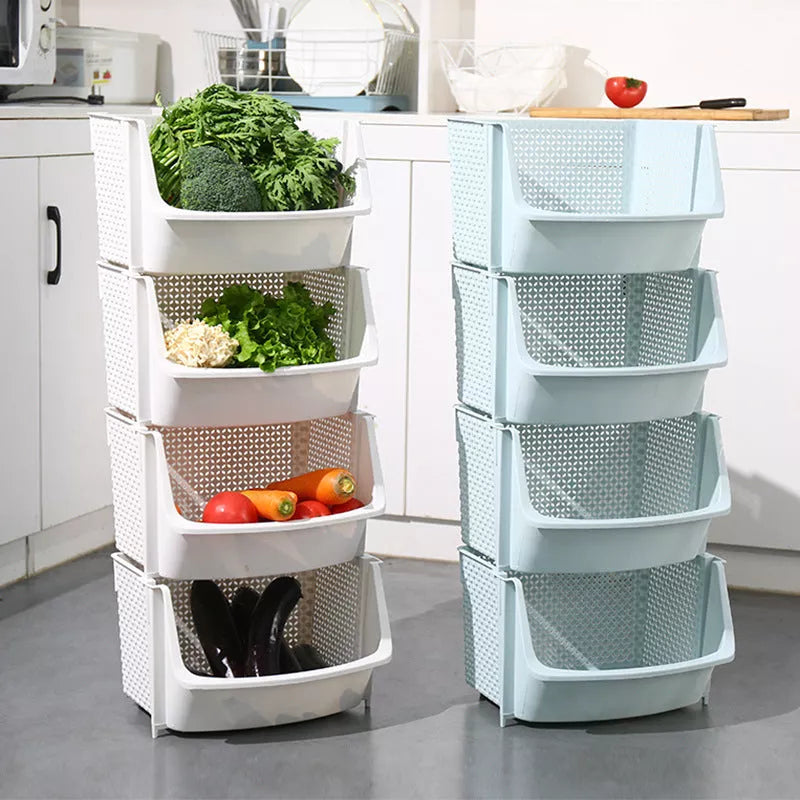 Multi-layer vegetable basket rack in light blue and light gray for efficient kitchen storage