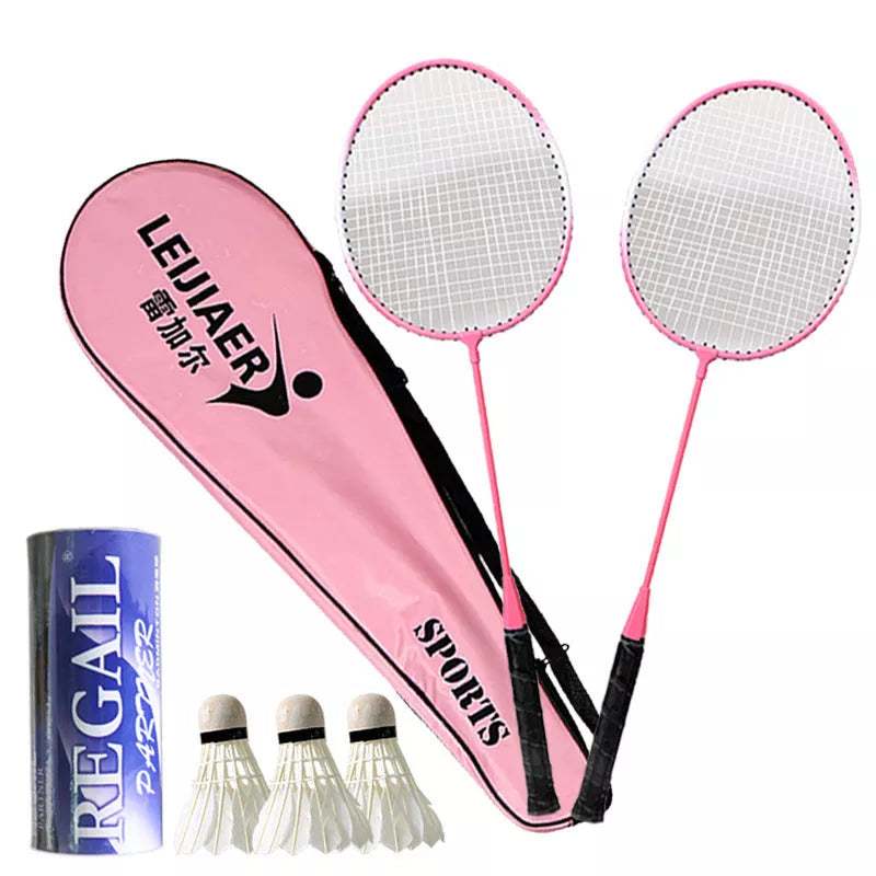 Beginner badminton racket set with iron frame and cover pocket in blue, pink, or red
