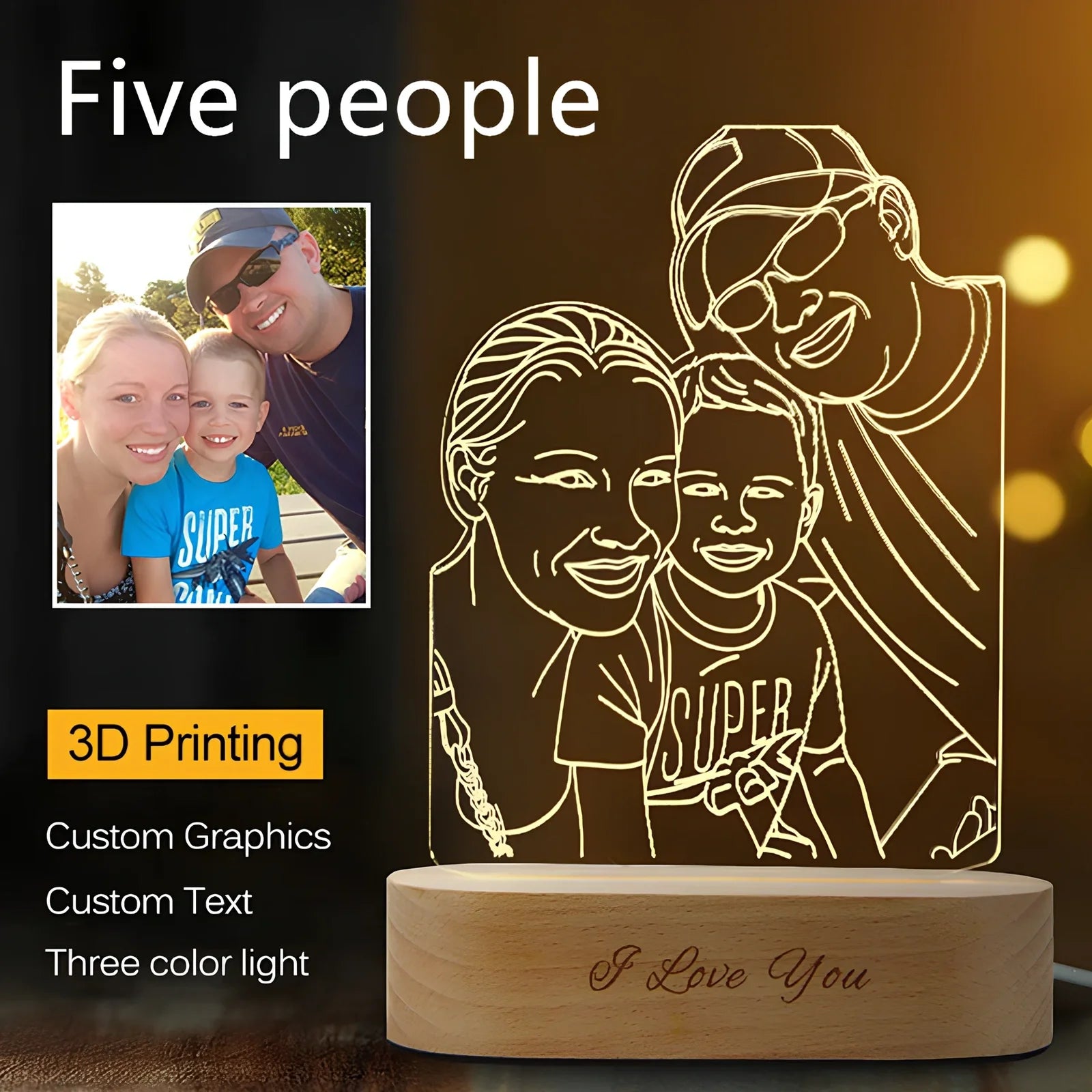 Custom 3D stereo night light displaying personalised portrait with LED illumination through acrylic casing