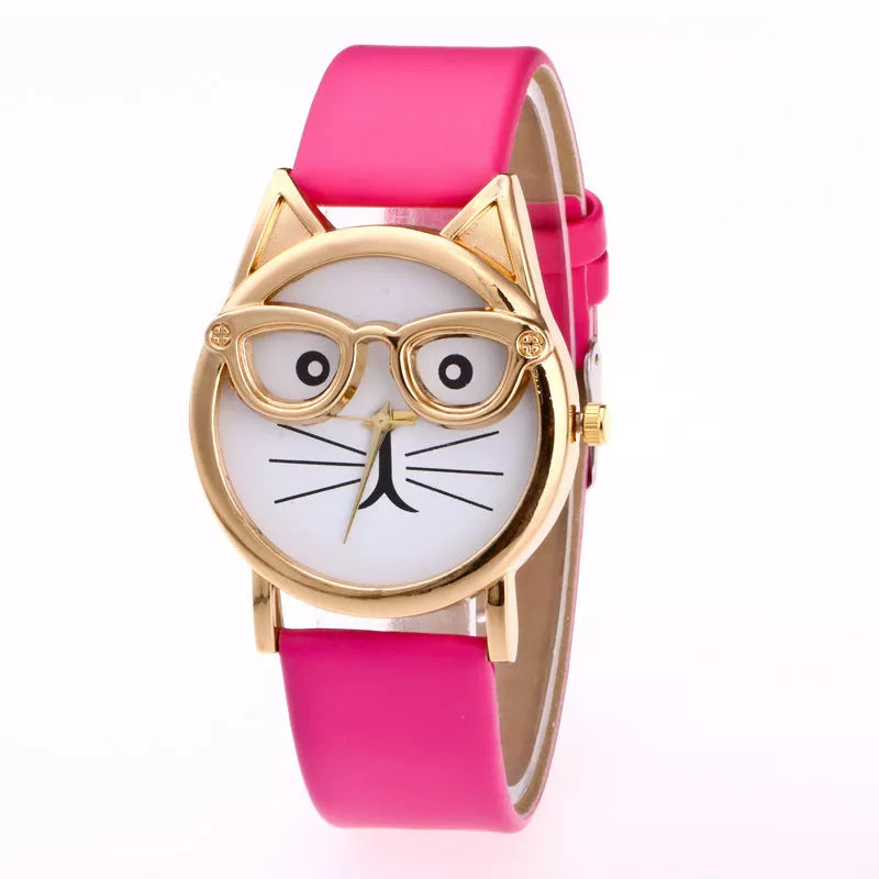 Cat face cartoon children's watch with quartz movement and multiple color options