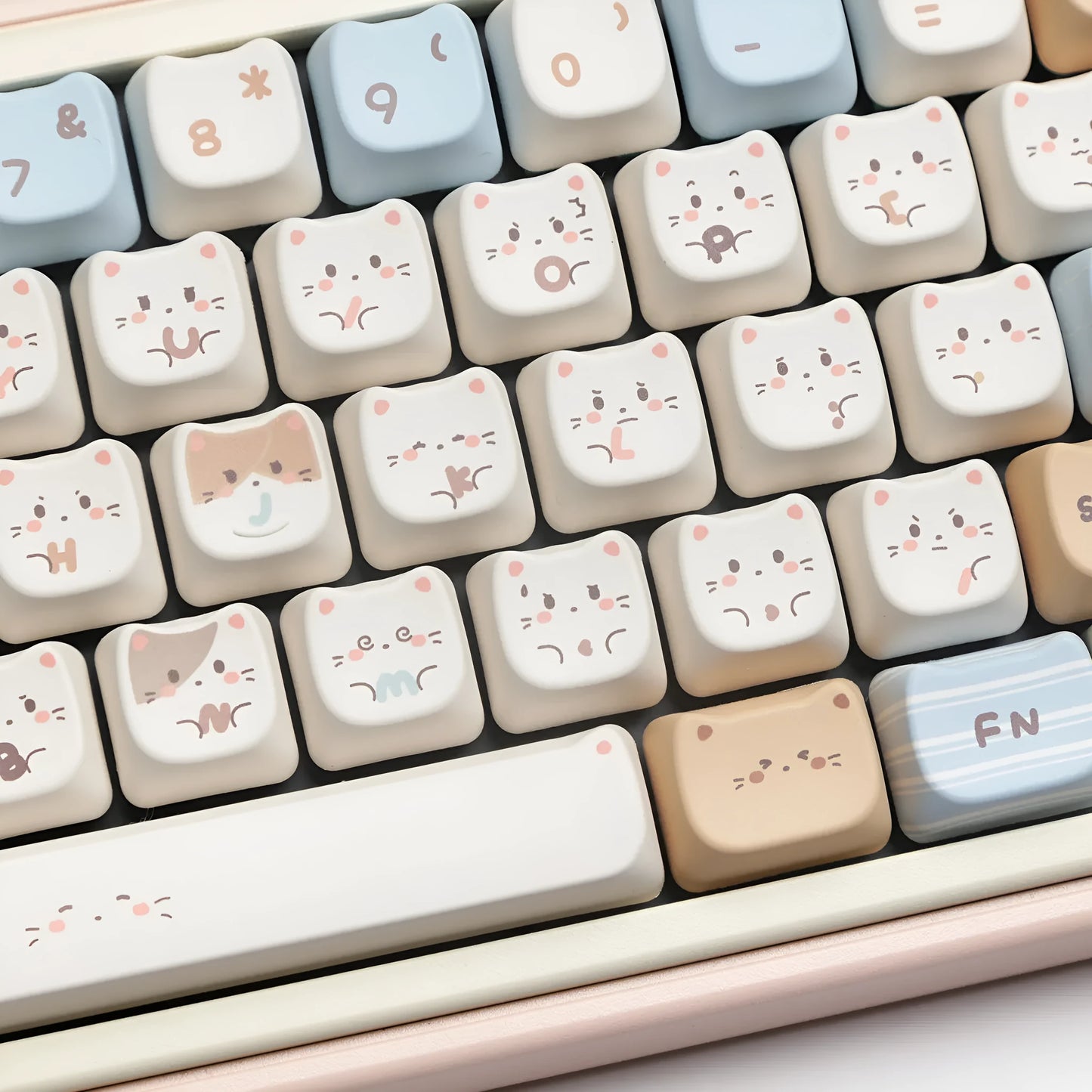 Sea Salt Cat PBT keycap set with sublimation printing showing 26 keys including 7u spacebar supplement