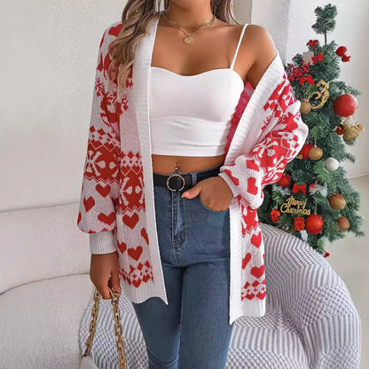 Cozy knit Christmas sweater for women with oversized deer print design and lantern sleeves
