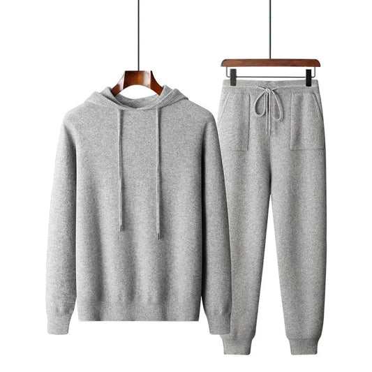 Men's cashmere hooded sweatshirt and trousers set in light grey or dark grey for winter leisure wear