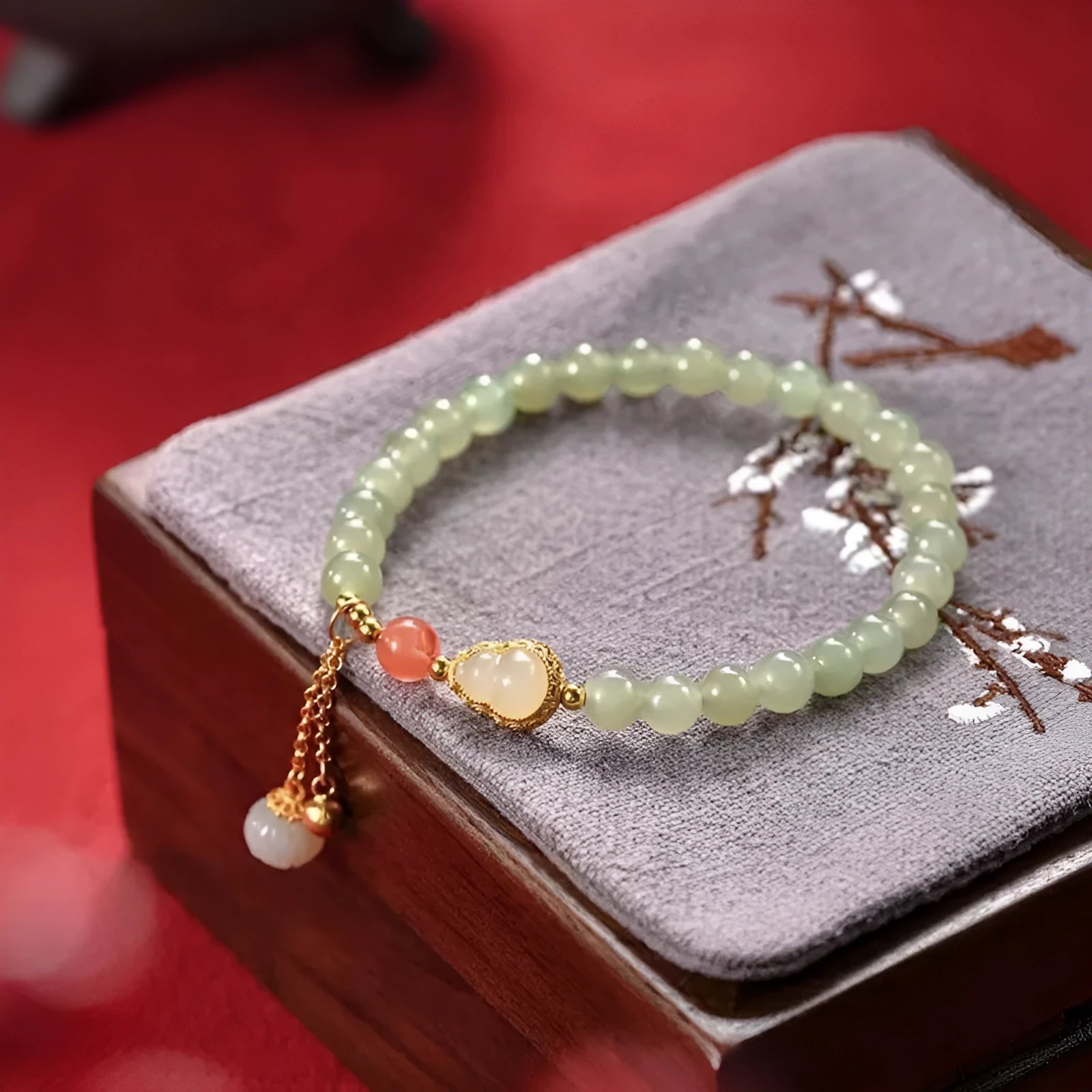 Qingshui jade women's bracelet with gold gourd charm and fu character on 6mm beads