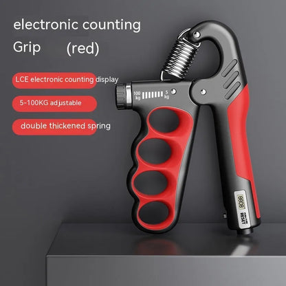 Adjustable electronic count spring gripper in orange, red, or grey with digital display.