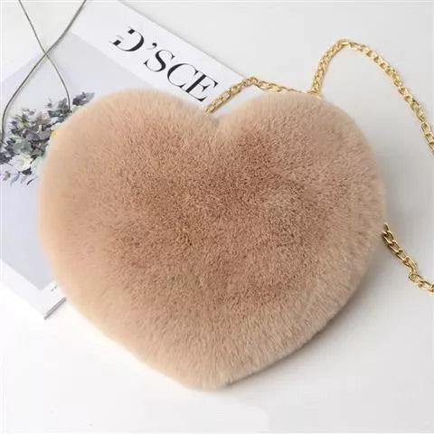 Women's plush chain shoulder bag with heart shape design in various colors