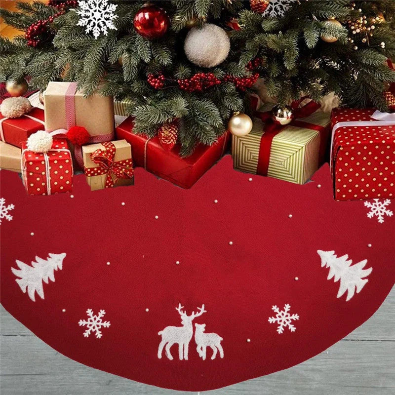 Handmade knitted Christmas Tree Skirt with 3D reindeers, Christmas trees, and snowflakes patterns