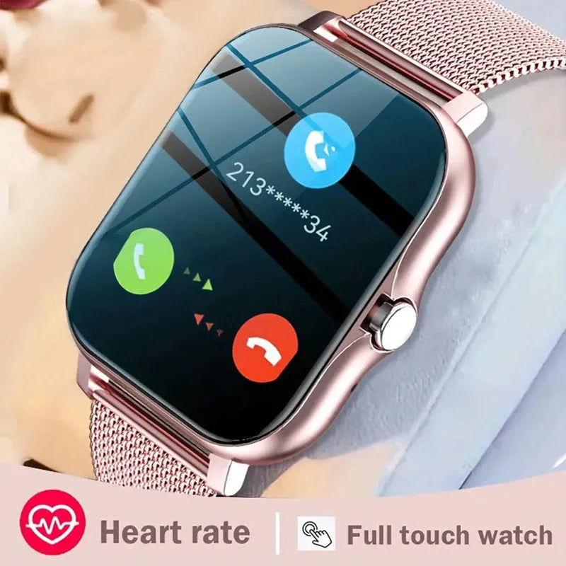 Smart watch with 144-inch touchscreen displaying health metrics, silicone strap, waterproof design for daily activity tracking