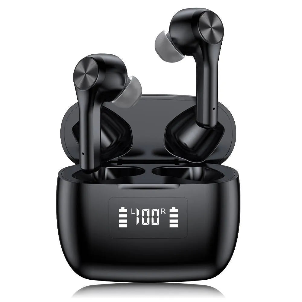 Cool black wireless Bluetooth earphones with touch controls and charging case
