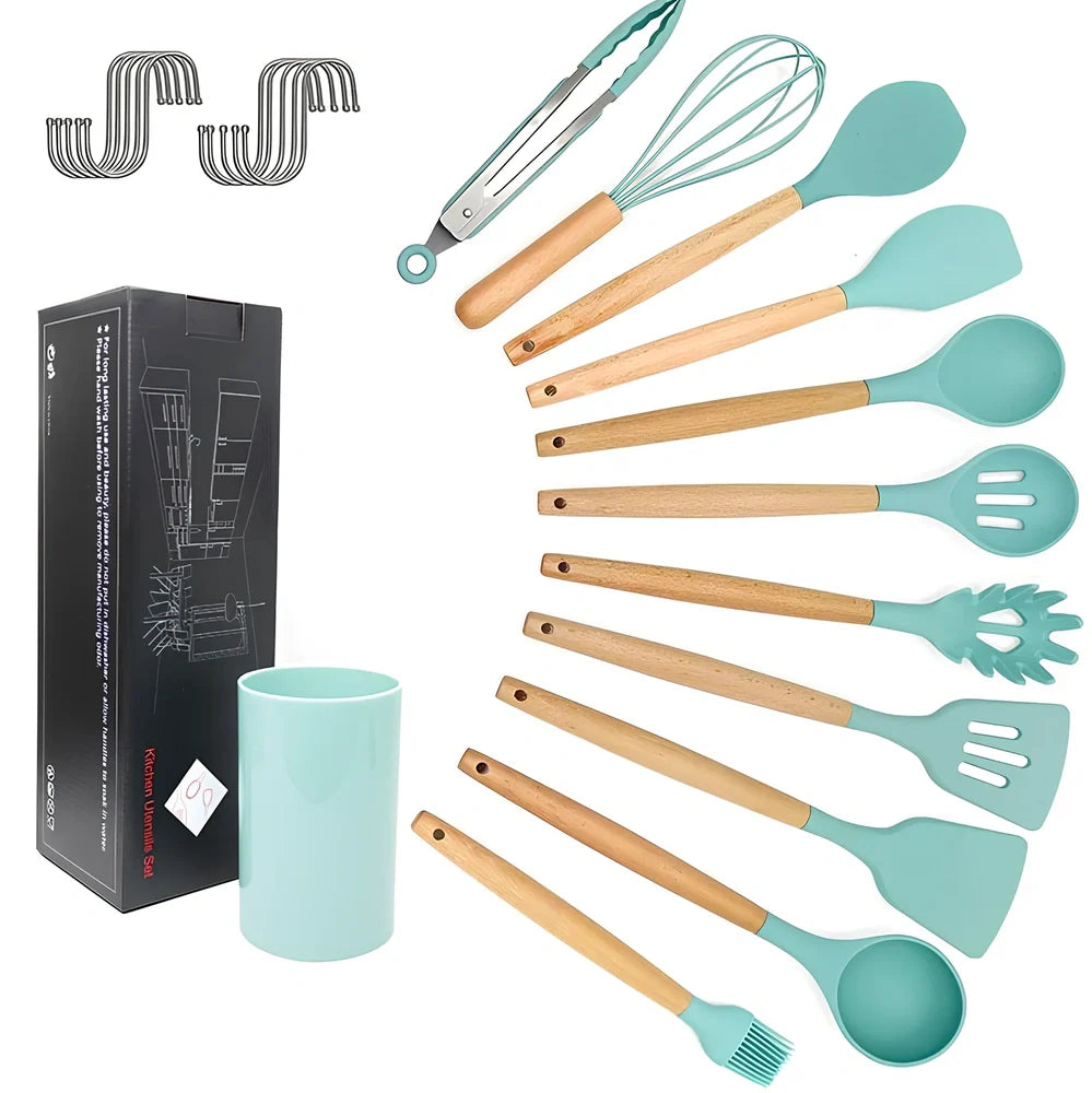 11-piece silicone kitchen utensil set with beech wood handles including cooking spoons and shovels