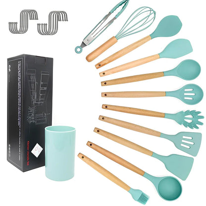 11-piece silicone kitchen utensil set with beech wood handles including cooking spoons and shovels