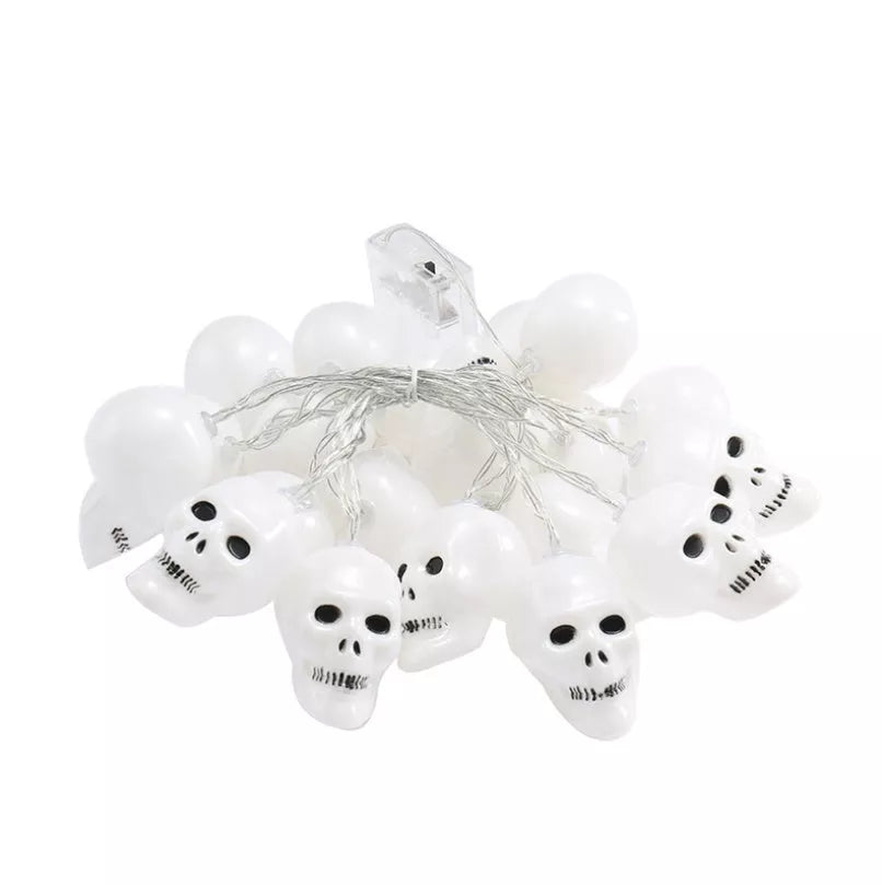 Battery-powered LED skeleton skull string lights for Halloween decor with durable plastic construction