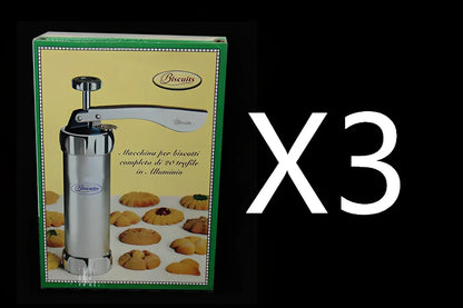 Stainless steel cookie press with 20 pattern discs for making uniform biscuits