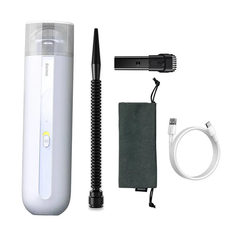 BASEUS handheld car vacuum cleaner in black with blowing hose attachment, showing compact size and dust bin