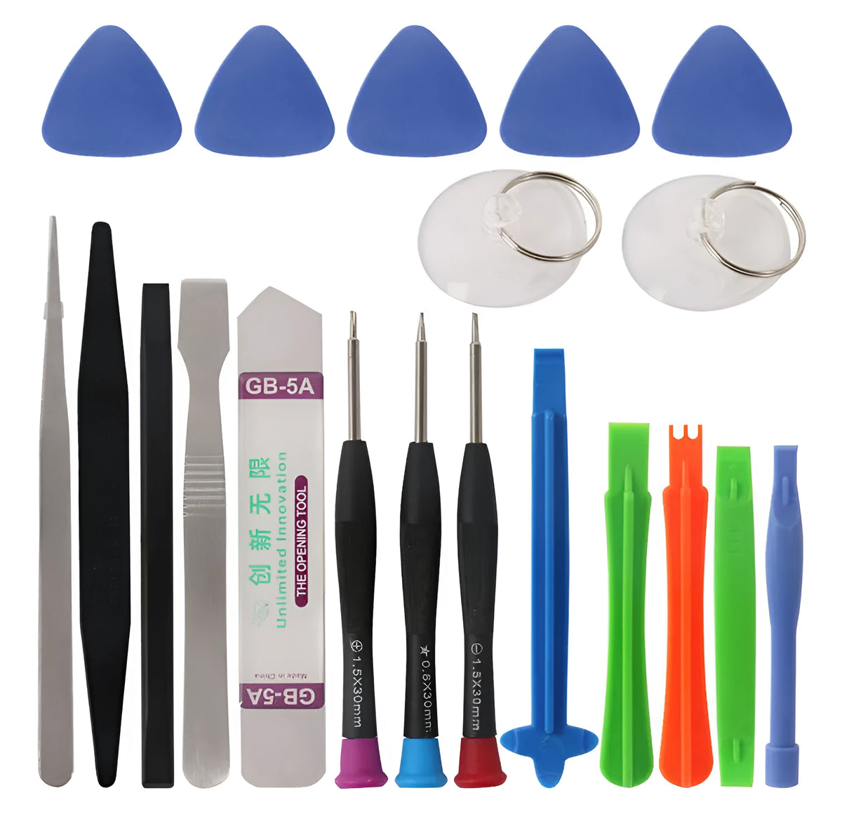 21 in 1 mobile phone disassembly tool kit with chrome vanadium alloy steel screwdrivers, plastic picks, suction cups and tweezers