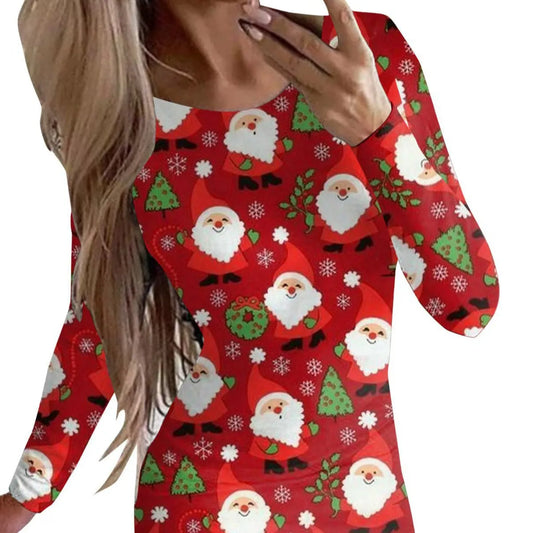 Women's Christmas printed dress with animal pattern, round neck, long sleeves, and floral colours