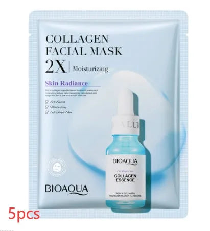Collagen and hyaluronic acid facial sheet mask set with four variant packages showing 30g gel masks