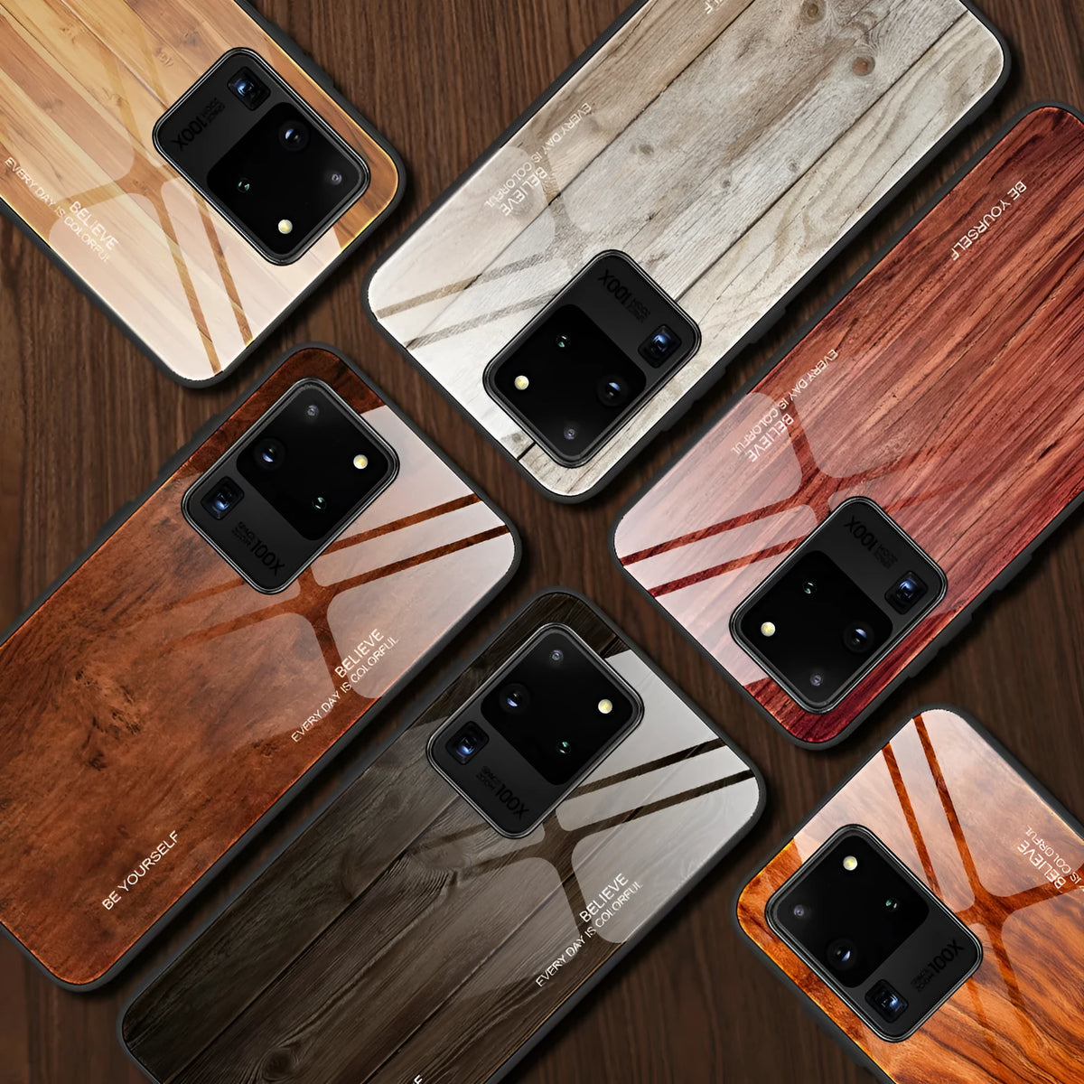 Wood grain tempered glass back cover phone case for Samsung Galaxy, simple style, colours M01 to M06