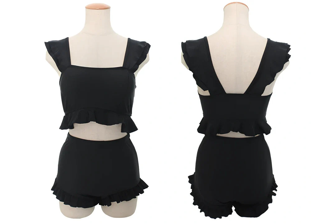 Black split bikini with steel tray support and no underwire, showing front and back views