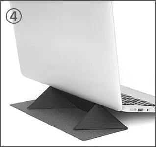Blue or grey foldable laptop cooling stand with anti-slip surface on a desk.